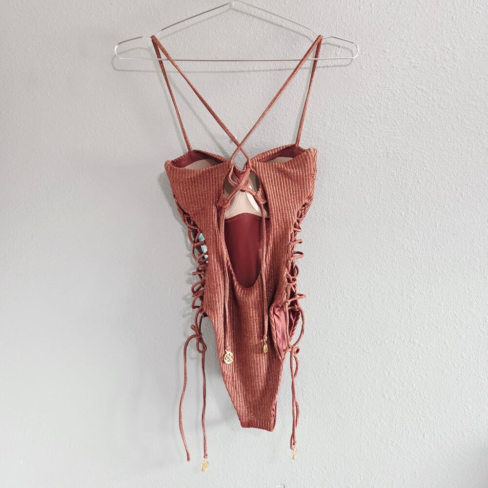 Luli Fama Squared Neck Laced Up One Piece Size XS Brown Gold NWT - Picture 2 of 10